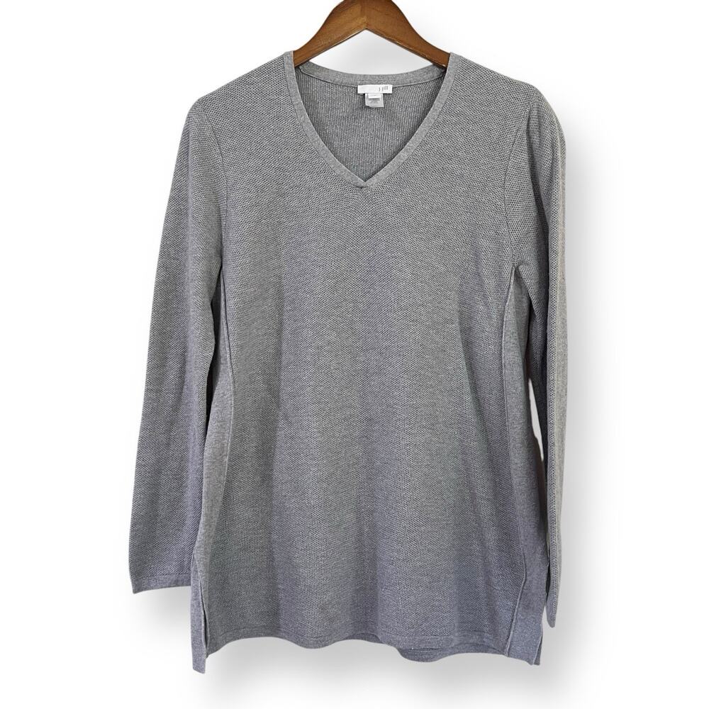 J. Jill Gray V-Neck Pullover Sweater M Silk Wool Blend Side Slit Quiet Luxury